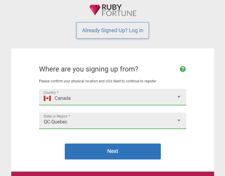 ruby fortune, registration