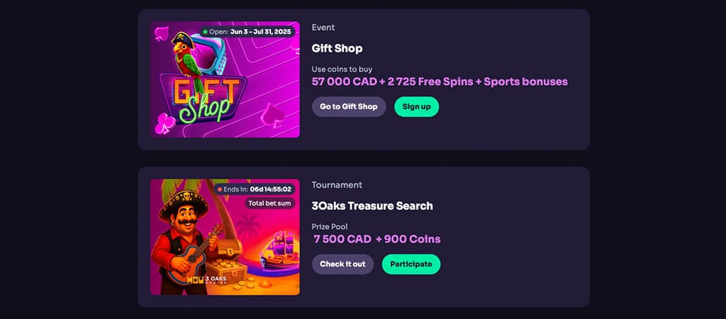 Gift Shop, tournament, 3Oaks, bonuses, free spins, coins, CAD, casino, promotion, event, participate, signup, rewards