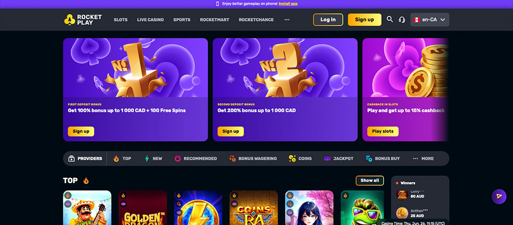 RocketPlay, online casino, bonus, 100 free spins, 15% cashback, slots, live casino, sports, sign up, promotions
