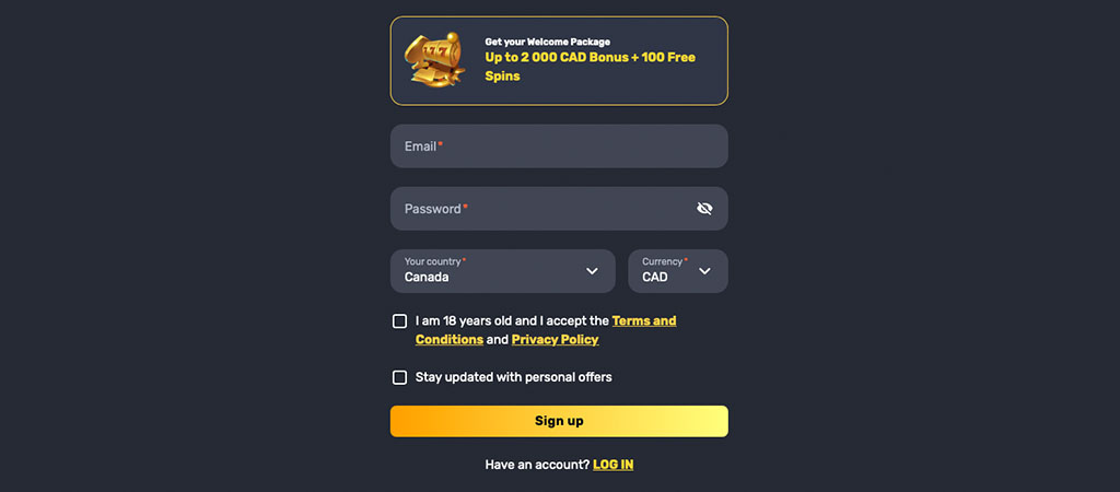 registration, welcome bonus, 100 free spins, email, password, Canada, CAD, terms and conditions, sign up, privacy policy