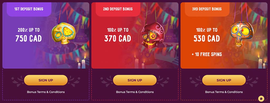 SlotVibe casino, deposit bonuses, 10 free spins, sign up buttons, sugar skulls