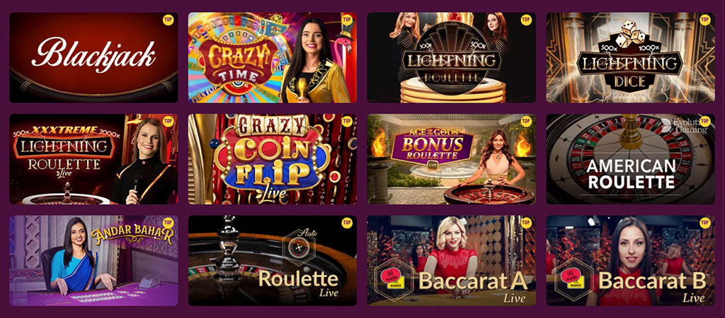 Live casino games, Blackjack, Crazy Time, Lightning Roulette, Lightning Dice, Crazy Coin Flip, Bonus Roulette, American Roulette