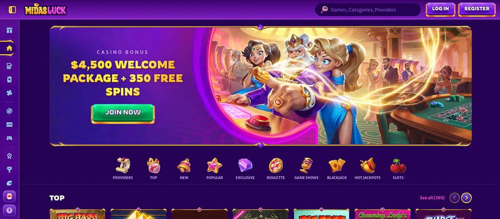 Midas Luck Casino homepage, welcome bonus, free spins, join now, animated characters, roulette table, vibrant purple theme