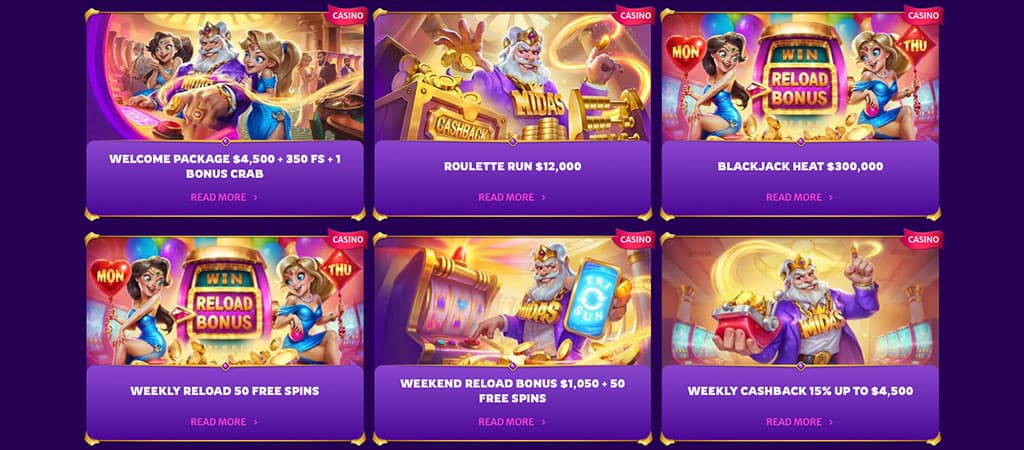 casino bonuses, welcome package, free spins, roulette run, reload bonus, blackjack heat, cashback, animated characters