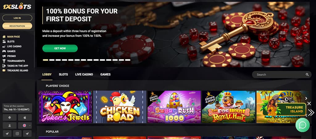 1xSlots Casino homepage, first deposit bonus, get now button, Joker’s Jewels, Chicken Road, Sugar Rush, Royal Hunt