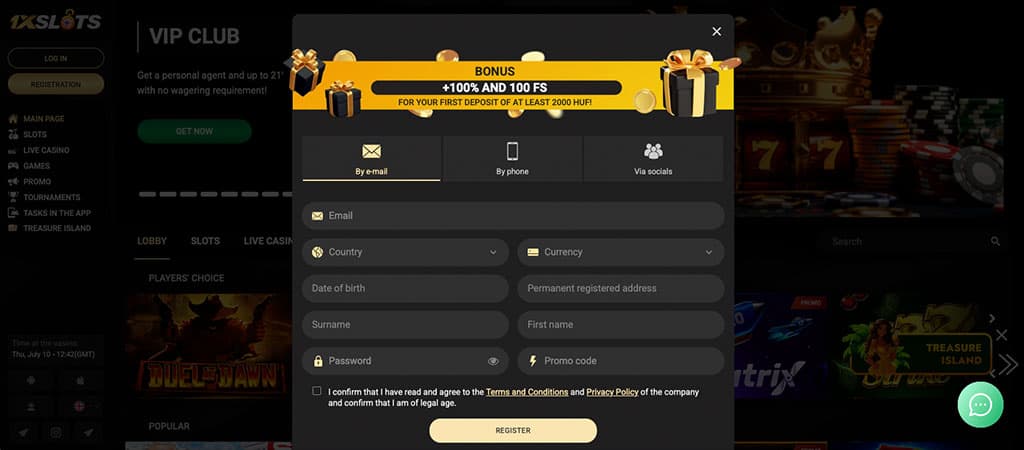 1xSlots registration form, bonus + free spins, sign up by email, phone, or social, input fields, secure signup, VIP club