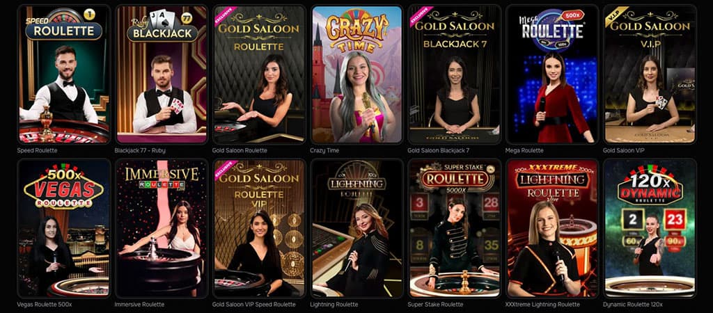 live casino, roulette, blackjack, Speed Roulette, Blackjack Ruby, Gold Saloon, Crazy Time, Mega Roulette, Immersive Roulette