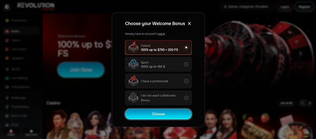 choose welcome bonus, 200 free spins, sports bonus, I have a promocode, no welcome bonus, registration, Revolution Casino