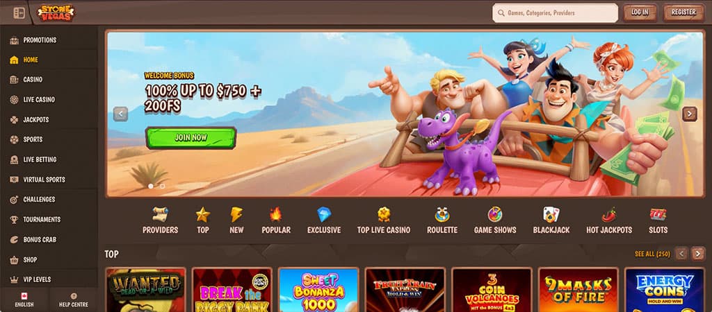 Stone Vegas casino homepage, cartoon family in car with money, welcome bonus, 200 free spins, game categories