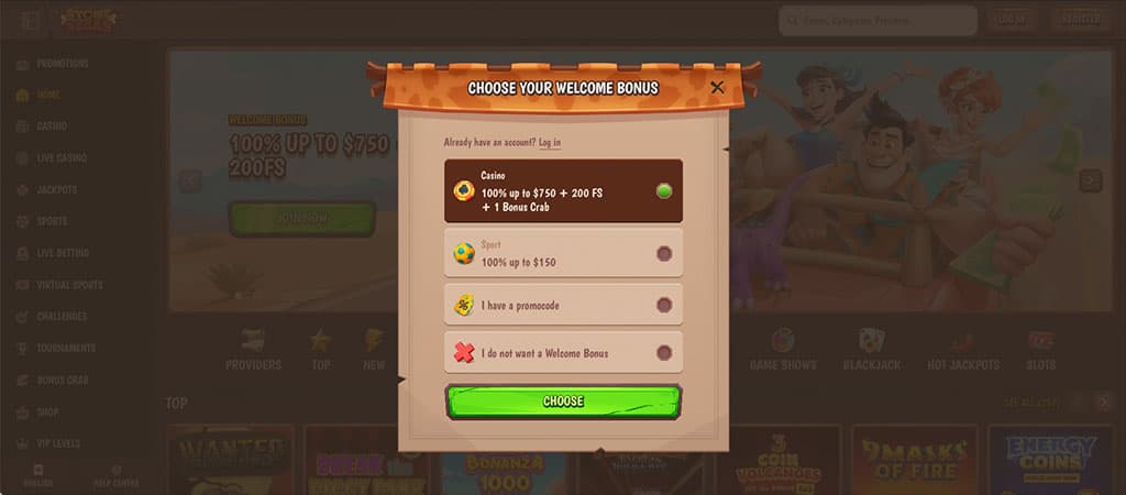 welcome bonus selection screen, options include casino bonus, promo code, no bonus, cartoon-style UI, green choose button