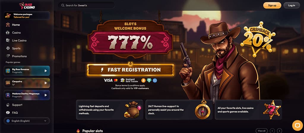 welcome bonus, registration, cowboy, cashback, online casino, slots, popular games, live support, deposit methods, Mad Casino