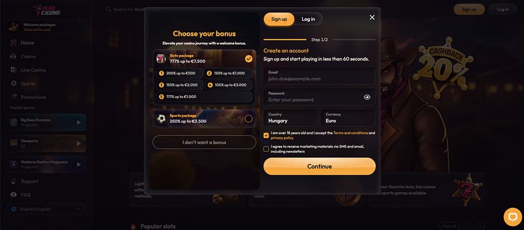 sign up, choose your bonus, slots package, sports package, create account, email, password, Mad Casino, registration