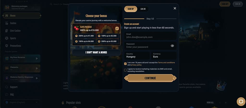 casino registration, sign up form, choose bonus, slots package, create account, email field, Euro, continue button
