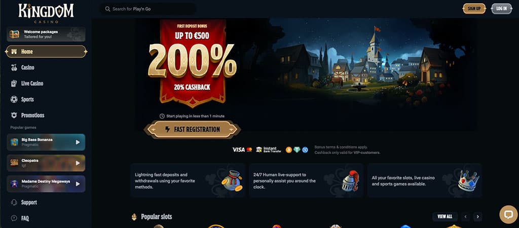 Kingdom Casino, 200% bonus, 20% cashback, fast registration, medieval theme, online slots, live casino, VIP offer, log in