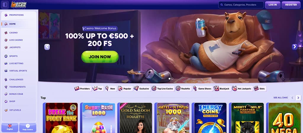 SpinBara Casino, welcome bonus, free spins, game lobby, slot previews, animated bear mascot, join now button, online casino