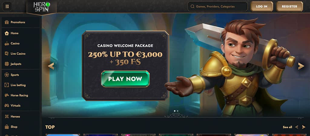 HeroSpin Casino, welcome package, free spins, cartoon hero with sword, Play Now button, dark interface, online casino 