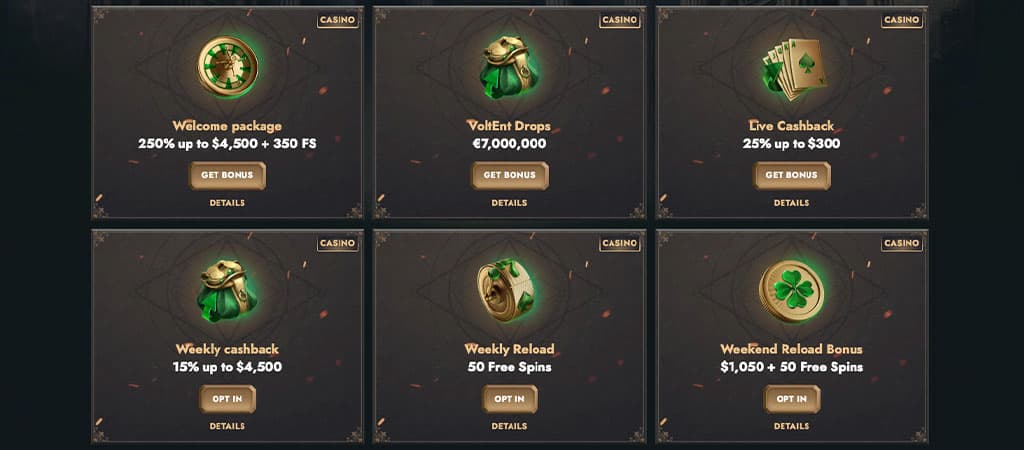 HeroSpin Casino bonuses, welcome package, live cashback, weekly cashback, reload bonus, 350 free spins, fantasy, bonus icons