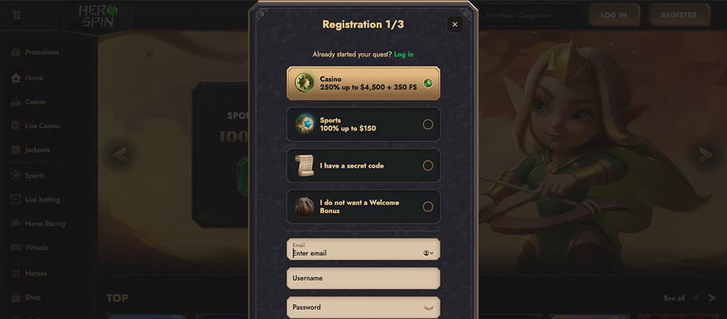 HeroSpin registration, sign-up form, casino bonus, sports bonus, secret code option, email input, username, password fields