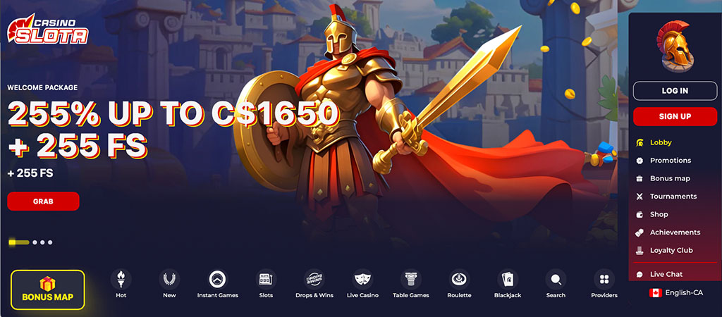 Slota Casino, welcome package, 255 free spins, registration, golden-armored warrior, sword, shield, gold coins, online games