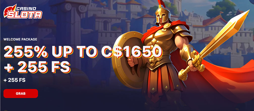 Slota Casino, welcome bonus,  free spins, grab offer button, golden-armored warrior, sword, shield, castle 