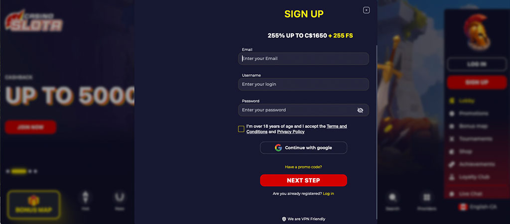 Slota Casino, sign up form, bonus, 255 free spins, email, username, password fields, Google login option, next step button