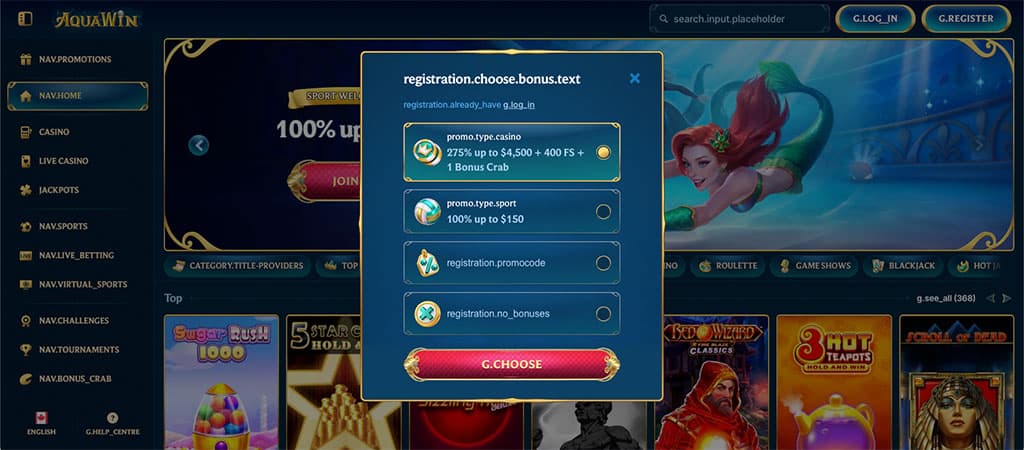 AquaWin casino, registration, choose welcome bonus, 400 free spins, bonus crab, sports bonus, promo code, no bonus option