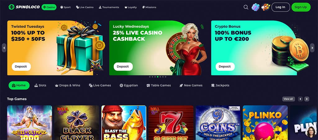 Spin Loco Casino, promotions, bonuses, twisted Tuesdays, lucky Wednesdays, crypto bonus, casino games, slots, live games