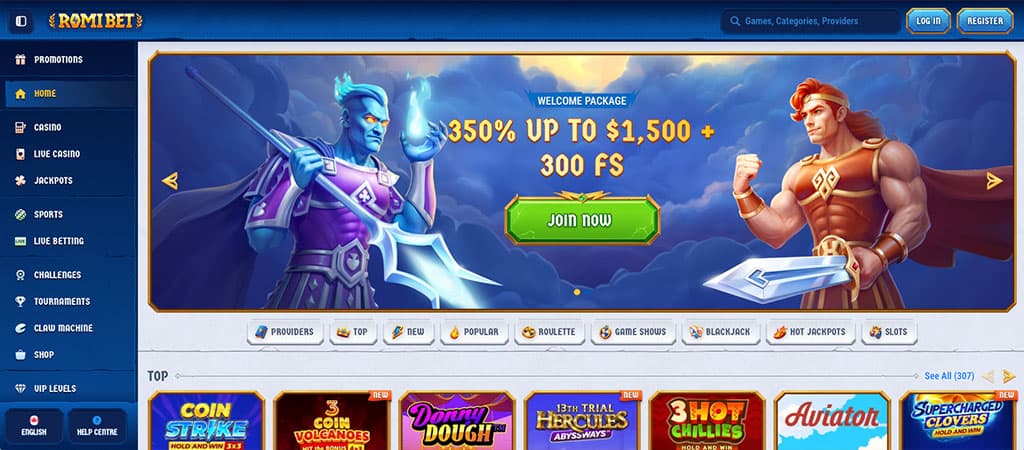 Romibet Casino homepage, welcome package, casino promotions, bonus offer, mythical characters, video slots, top games