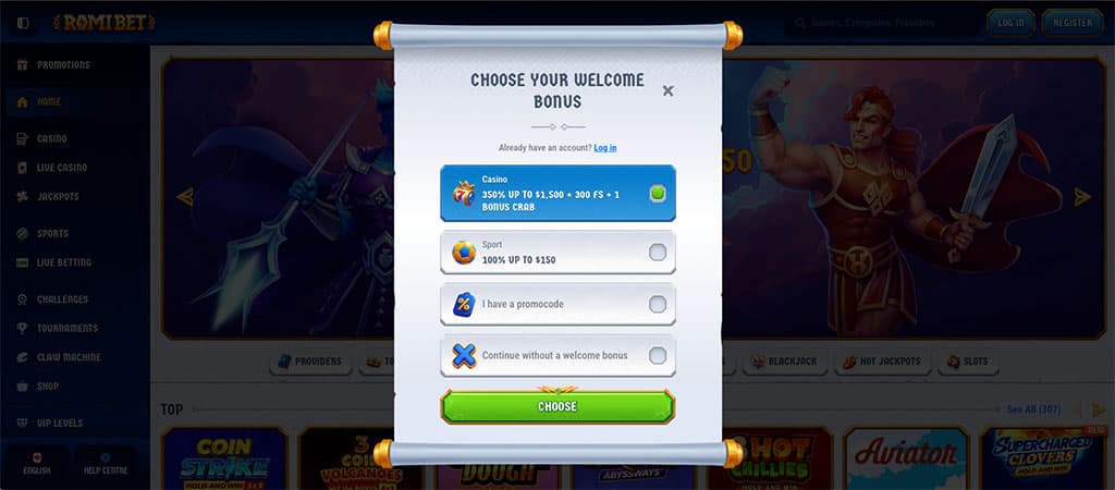 Romibet registration, choose welcome bonus, casino bonus, sport bonus, promo code, no bonus, registration form, promotion
