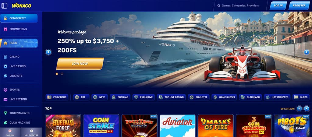 Wonaco casino homepage, welcome package, free spins, luxury cruise ship, Formula 1, navigation sidebar, slot games, join now