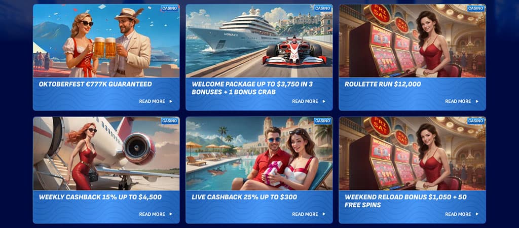 Wonaco casino promotions, Oktoberfest β¬777K guaranteed, welcome package, bonus crab, Roulette Run, cashback, weekend reload