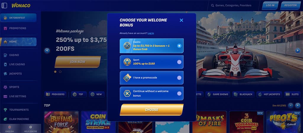 Casino registration screen, Wonaco welcome bonuses, bonus crab, promo code entry, without bonus, luxury background