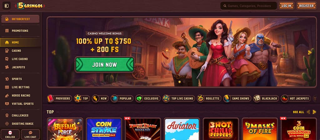 5gringos casino homepage, welcome bonus offer, free spins, gringo characters, navigation sidebar, slot games, join now button