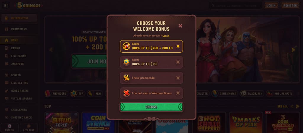 casino registration screen, 5Gringos welcome bonus, options for casino, free spins, promo code entry, no bonus, gringo