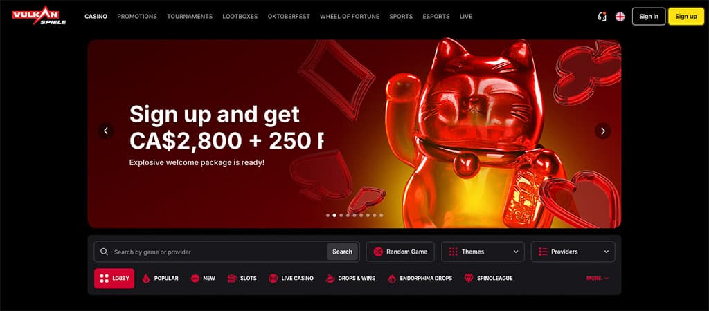 Vulkan Spiele Casino homepage, red banner, waving Maneki-neko cat, welcome bonus, CA$2800, game search bar, navigation menu