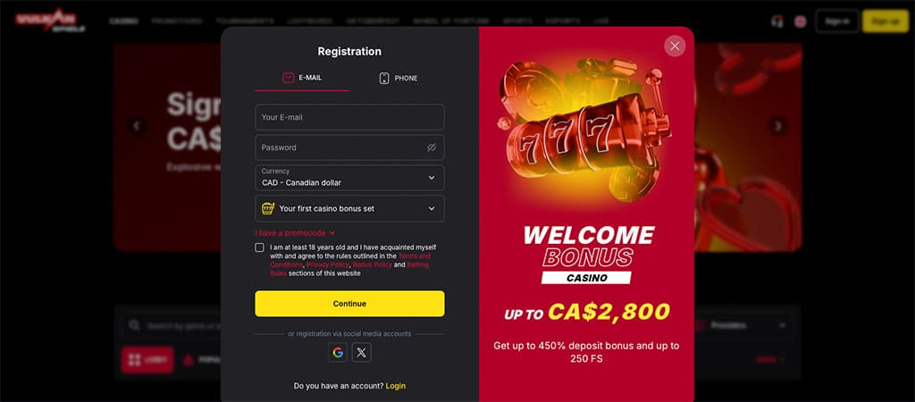 Casino registration form, sign-up with email and password, currency CAD, welcome bonus up to CA$2,800, red slot machine