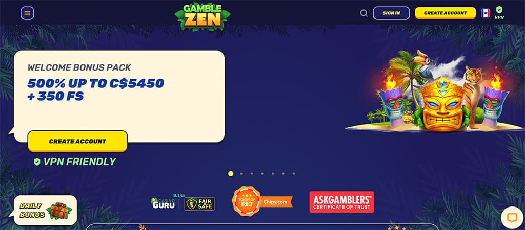 GambleZen Casino, jungle theme, C$5450 bonus, 350 free spins, tiki, tiger, sign up button, VPN friendly