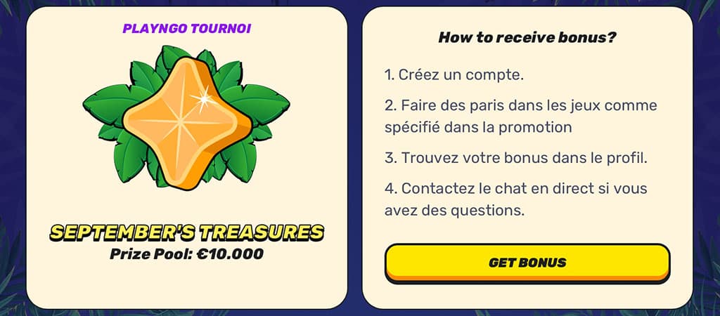 casino promotion, PlayNGo, September's Treasures, prize pool €10,000, how to receive bonus steps, Get Bonus button