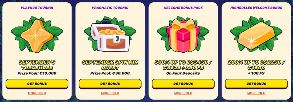 four casino promotions, PlayNGo, Pragmatic, Welcome Bonus Pack, Highroller Bonus, prize pools, free spins