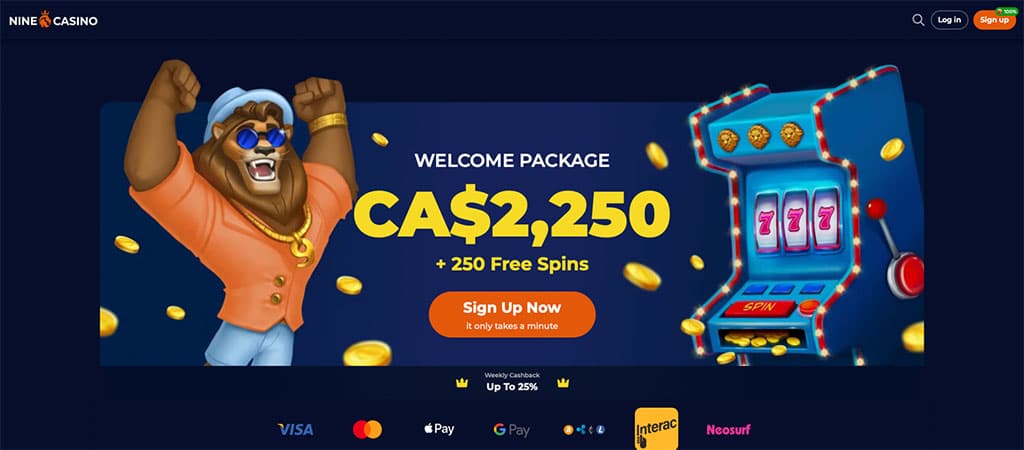 Nine Casino, welcome package, CA$2250 bonus, 250 free spins, slot machine 777, lion mascot, gold coins, sign up button