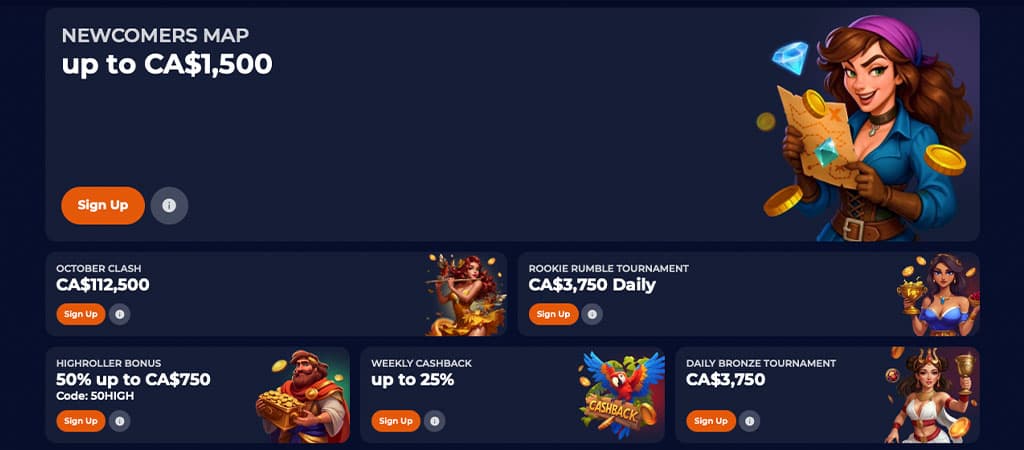 online casino bonuses, newcomers map, October Clash, Rookie Rumble Tournament, Highroller Bonus, weekly cashback
