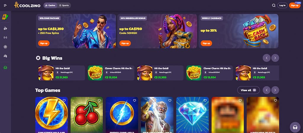 CoolZino Casino, welcome bonuses, weekly cashback up to 25%, big wins section, top slot games, modern casino