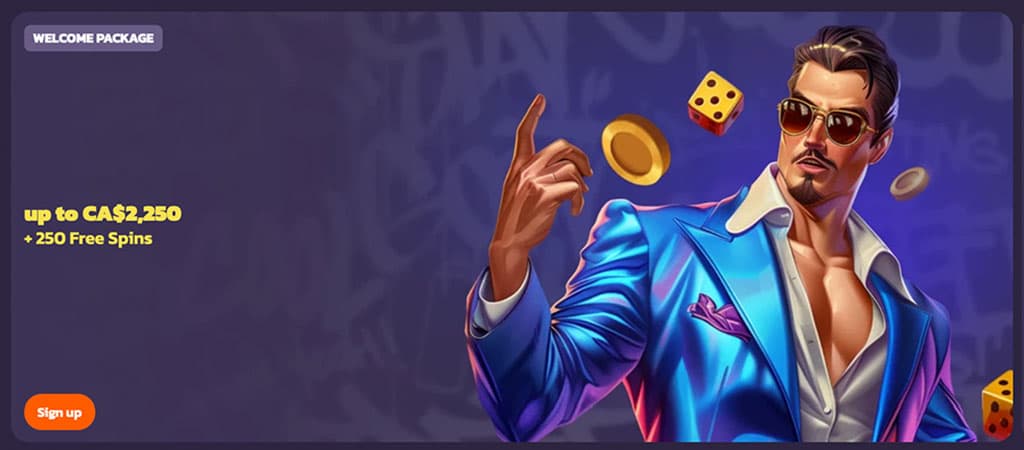 CoolZino welcome package, free spins, stylish man in blue suit, dice and coins, purple background, sign-up button