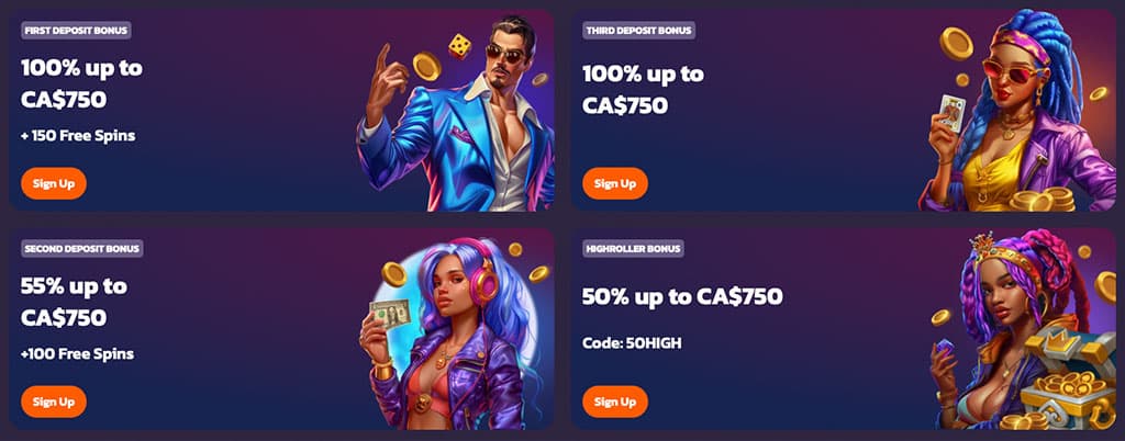 CoolZino casino bonuses, high roller deposit offers, free spins, stylish characters, colorful design, sign-up buttons