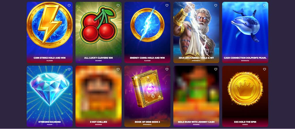 CoolZino casino slots page, popular games like Zeus Unchained, Book of Demi Gods 2, Striking Diamond, colorful game icons