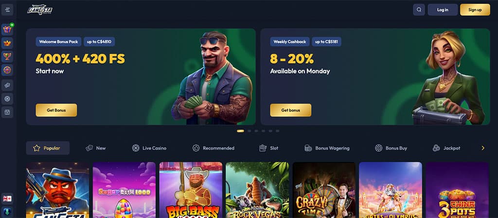 Gangsta Casino, welcome bonus 400% + 420 free spins, weekly cashback, cartoon gangster and woman characters, game icons