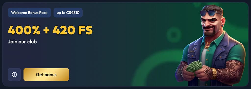 Gangsta Casino welcome bonus offer, 400% + 420 free spins, tattooed man in sunglasses holding cash, Get Bonus button