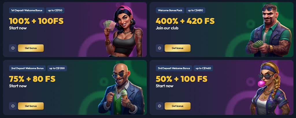 Gangsta Casino bonuses, welcome bonus pack, free spins, cartoon gangsters holding cash, Get Bonus buttons