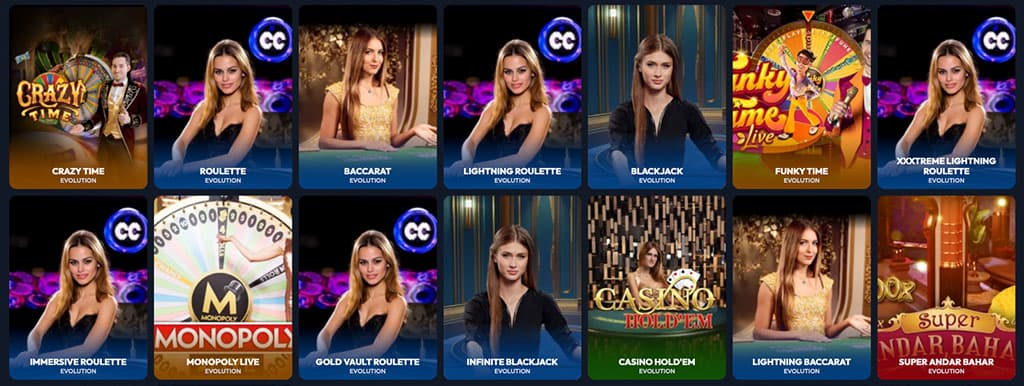 Gangsta Casino live games, female dealers for roulette, blackjack, baccarat, Crazy Time, Monopoly Live, Evolution provider