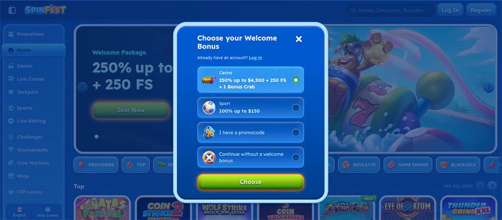 Spinfest Casino Website, registration, welcome bonus